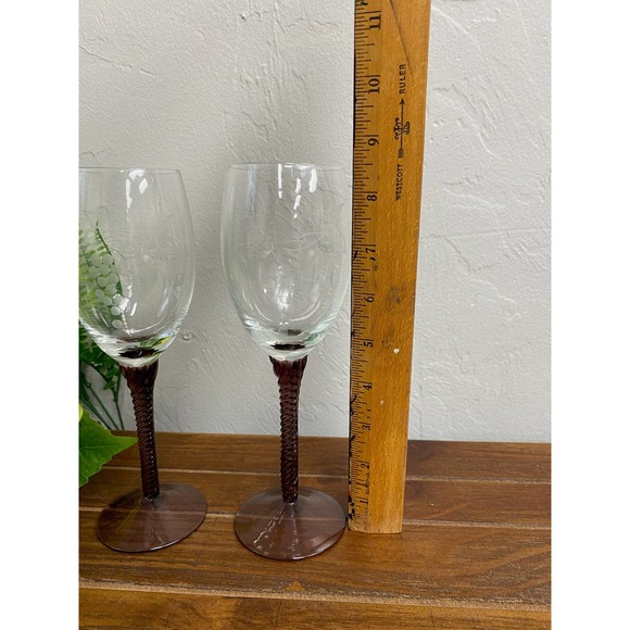 Pair of Vintage Etched Grapevine Wine Glasses with Purple Crafted Stems - Picture 5 of 5